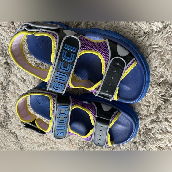Gucci Sega Aguru Trek Leather Gladiator Men\'s Sandals Size 9 blue yellow